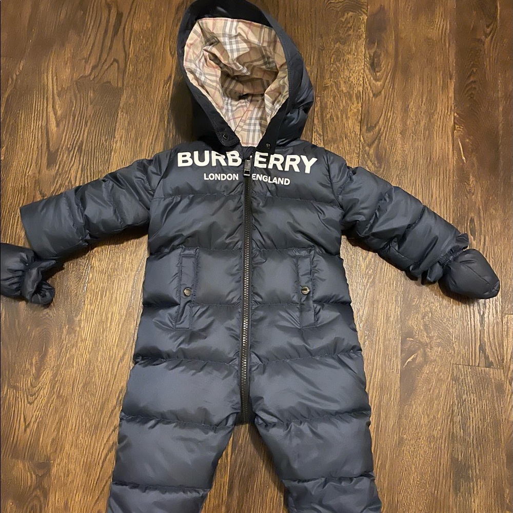 Baby boy Burberry puffer snow suit. Gently worn, light weight and warm.